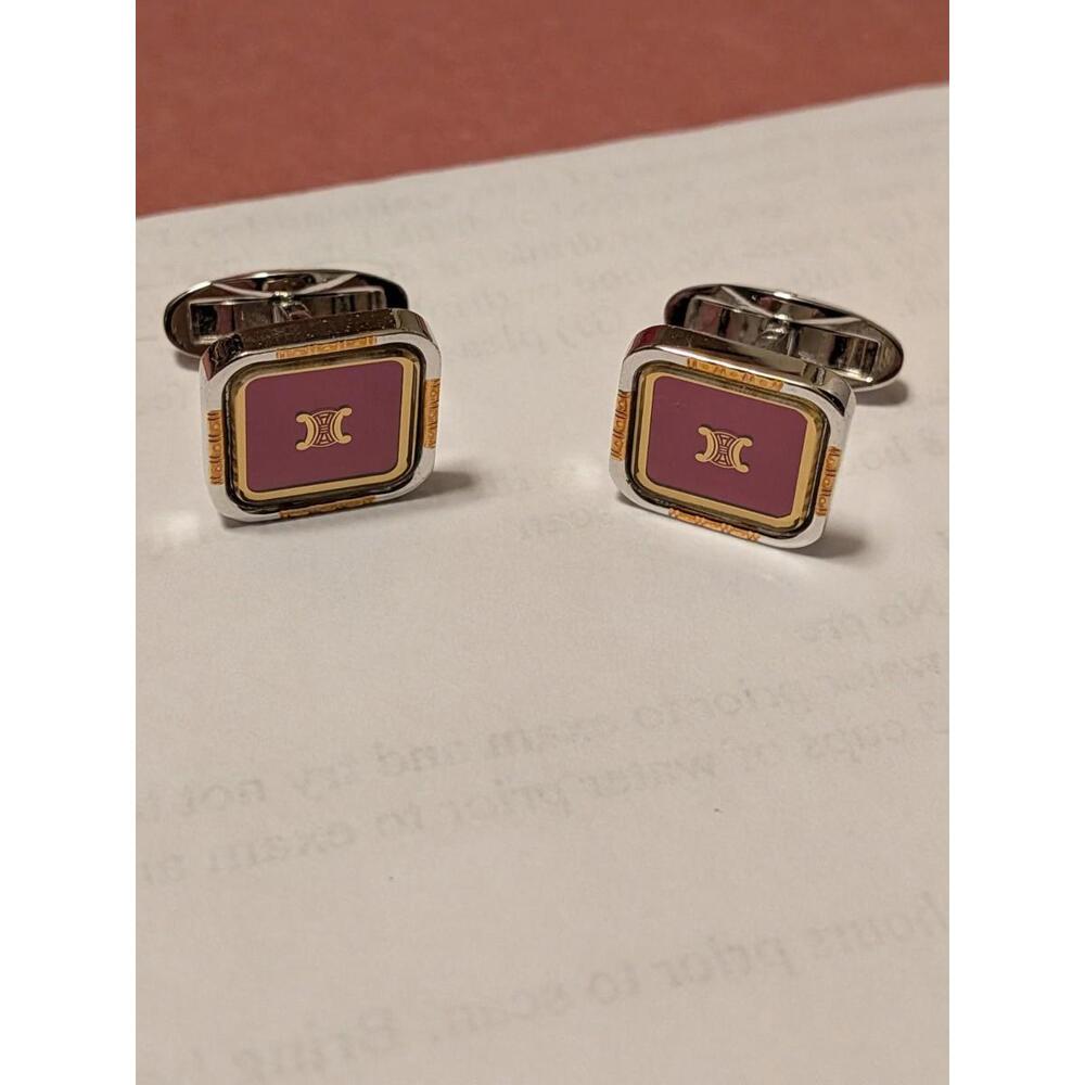 Authentic Celine Macadam Cufflinks Vintage Triomphe Gold Red Maroon Square Style